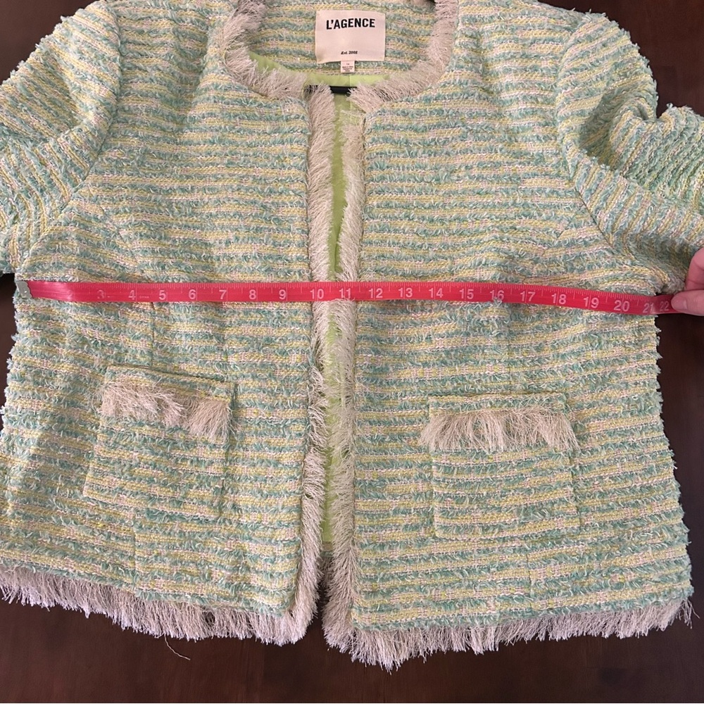 L'AGENCE Angelina Fray Tweed Jacket Open Front Blazer in Light Green Size 14 - Picture 13 of 16